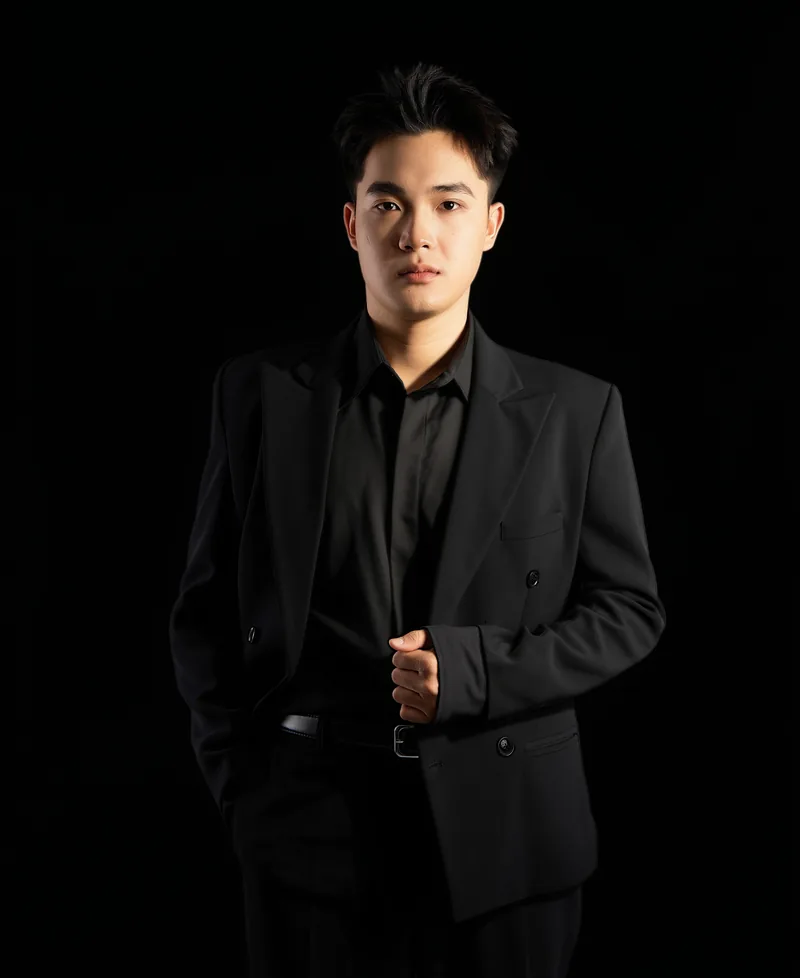 Chân dung Ayden mặc vest đen trên nền than đen